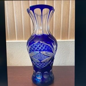 Bohemian Cobalt Blue Cut to Clear Vase, 11 1/2” high. Mother’s Day, Crystal